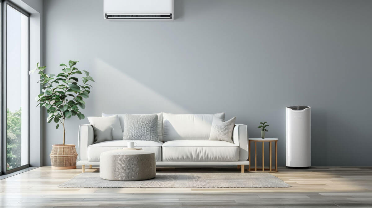 Modernes Wohnzimmer mit Luftbefeuchter zur Erreichung der optimalen Luftfeuchtigkeit im Raum.